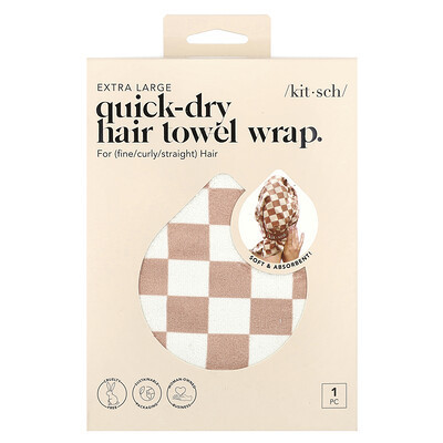 Kitsch, Quick-Dry Hair Towel Wrap, Extra Large, Terracotta Checker, 1 Wrap | iHerb
