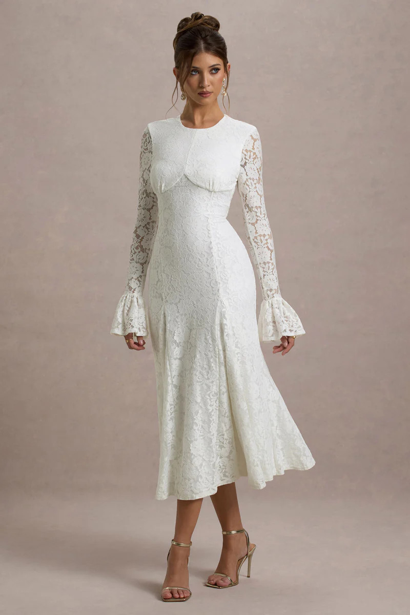 For Life | Cream Lace Long-Sleeve Midi Dress | Club L London