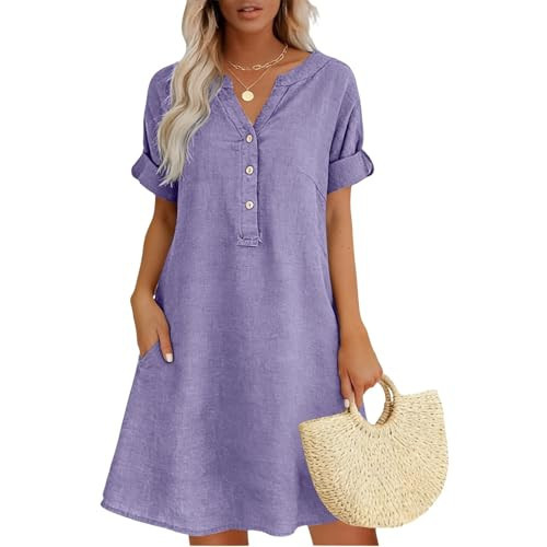 Linen Dress Women, Cotton Dresses for Women, Women's Summer Midi Linen Dresses, Linen Cotton Dresses for Women Spring Light Violet Small | Amazon (US)