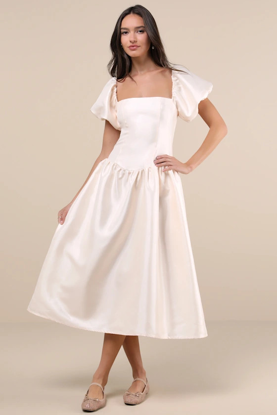 Exclusive Charm Cream Taffeta Puff Sleeve Midi Dress | Lulus