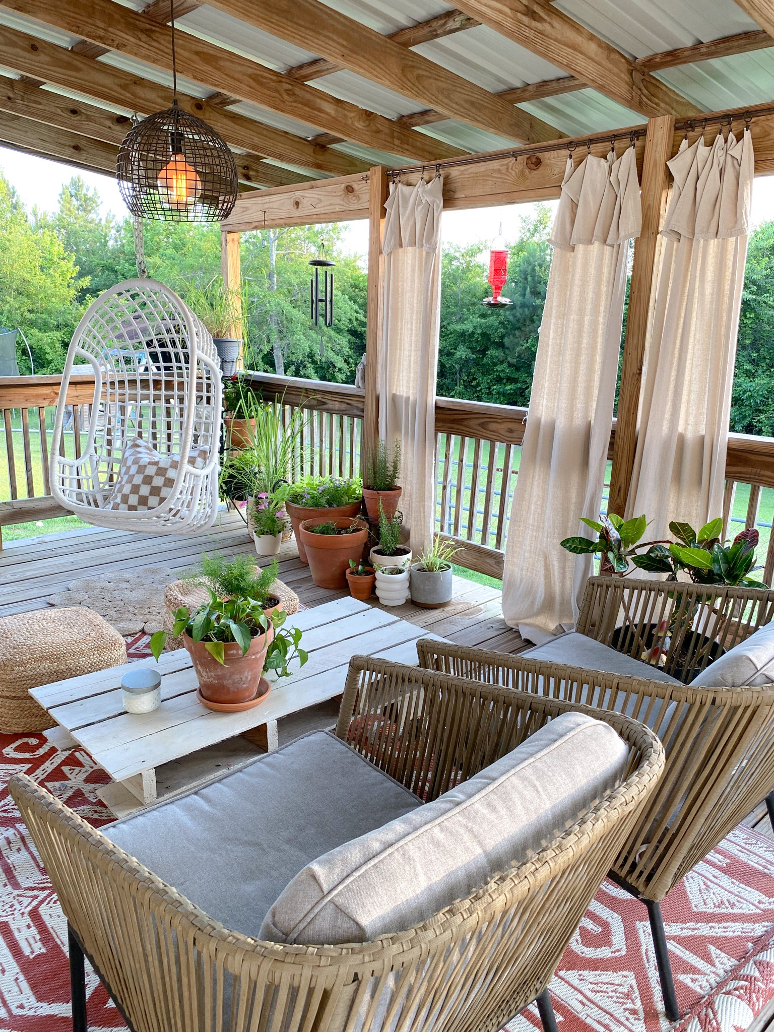 Outdoor deck decor, recycled plastic rug, drop cloth curtains, plug in outdoor light, woven chair set, egg chair swing, terracotta pots
Walmart, TJ maxx, amazon, world market 
Jute ottoman, jute rug

#LTKFind 

#LTKhome #LTKsalealert