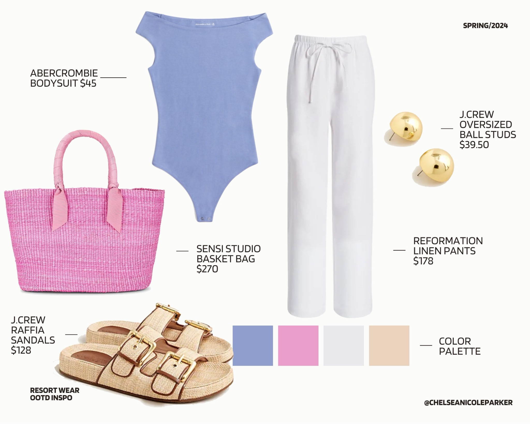 Abercrombie Periwinkle Off The Shoulder Bodysuit + Reformation White Linen Pants + J.Crew Oversized Gold Ball Stud Earrings + Sensi Studio Pinkn Basket Bag Tote + J.Crew Raffia Sandals - Spring Break / Easter / Spring Outfit / Vacation Outfit / Resort Wear

#LTKfindsunder100 #LTKfindsunder50