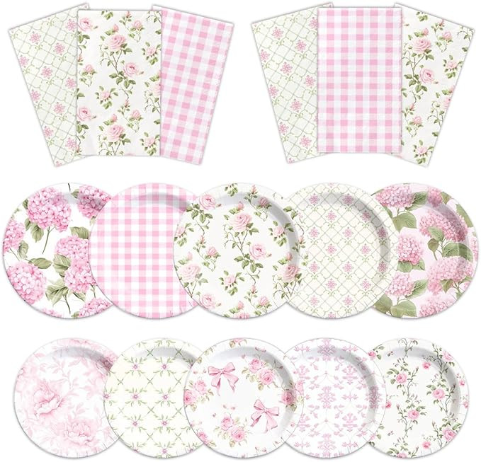 60Pcs Floral Plates and Napkins-Girls Pink Party Supplies Vintage Flower Tea Party Decorations fo... | Amazon (US)