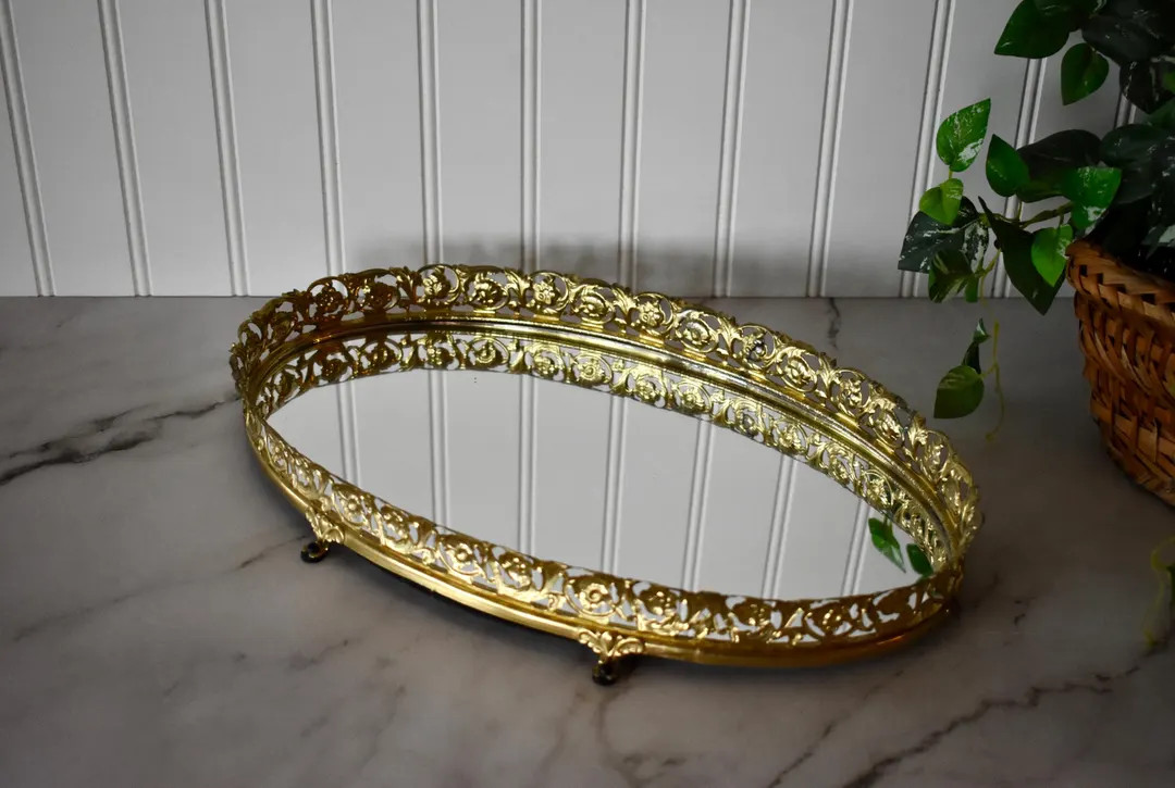 Vintage Oval Mirrored Gold Metal Filigree Vanity Tray With Feet, Perfume Tray, Hollywood Regency ... | Etsy (US)