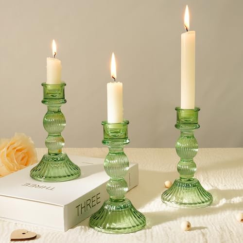 VIVIRENOIR 6" H Glass Candle Holder Set of 3, Taper Candle Holders - Candle Stick Holders for Home Decor Wedding Party & Table Centerpieces (Green, 3 Pcs) | Amazon (US)