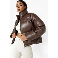 Womens Faux Leather Puffer Jacket - Brown - 10, Brown | Boohoo.com (UK & IE)