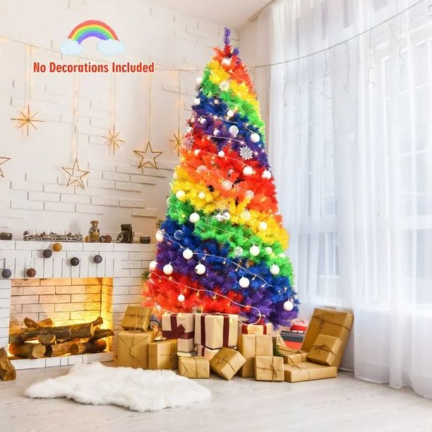 Gymax 7 ft Colorful Rainbow Hinged Christmas Tree Holiday Decor w/ Metal Stand - Walmart.com | Walmart (US)