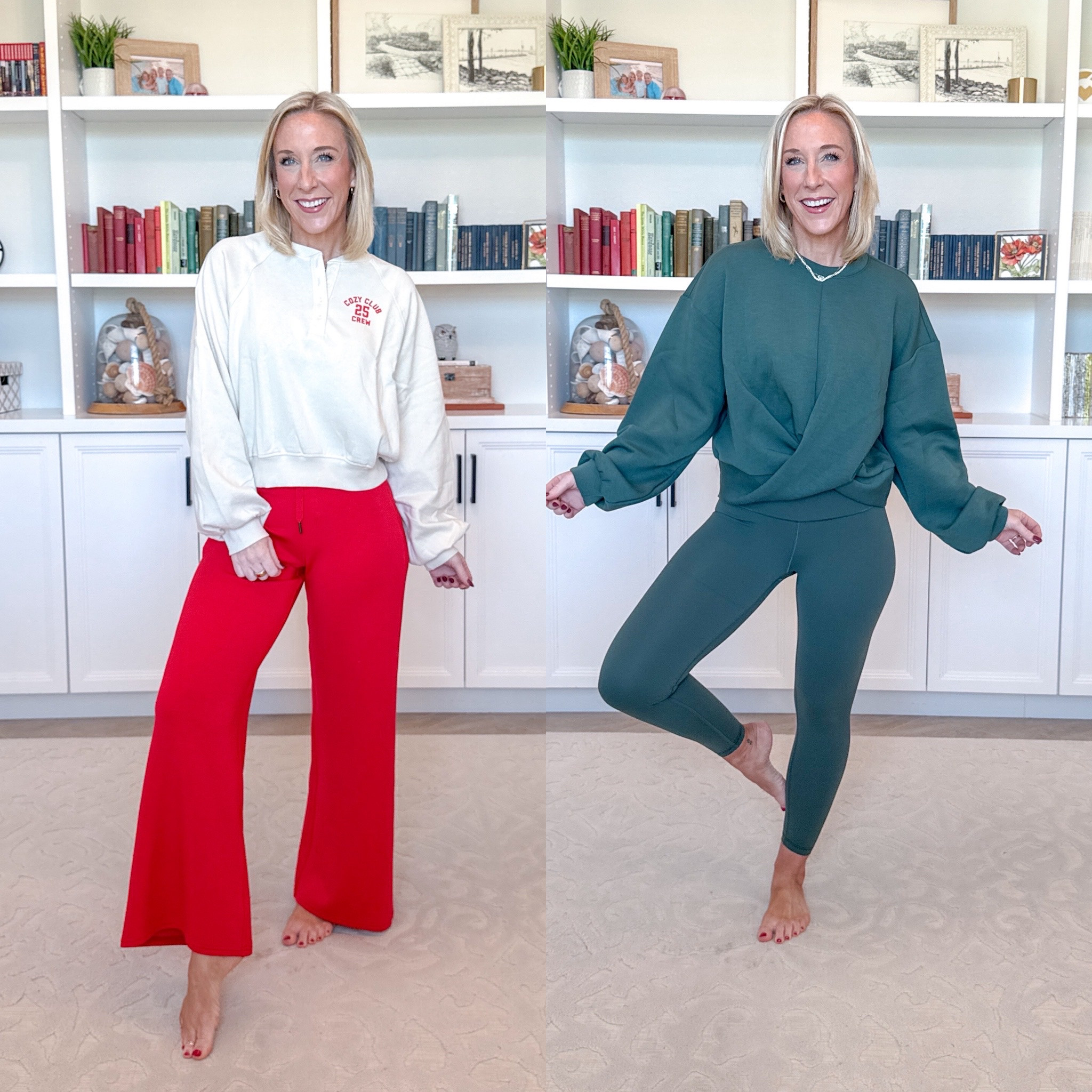 Old Navy - try-on haul 

High-Waisted StudioSmooth 7/8 Leggings - size small, petite. 40% off. 6 colors. 

Bounce Fleece Twist-Front Top - size small (could have done an XS). 20% off. 6 colors.  

Button-Front Graphic Sweatshirt - size small (could have done an XS). 50% off. 4 colors. * Red pants - size XS petite.

High-Waisted Wide-Leg Sweatpants - size XS (I don’t have just yet but they are coming!). 30% off. Multiple colors.  

 

#LTKSeasonal #LTKSaleAlert #LTKFindsUnder50