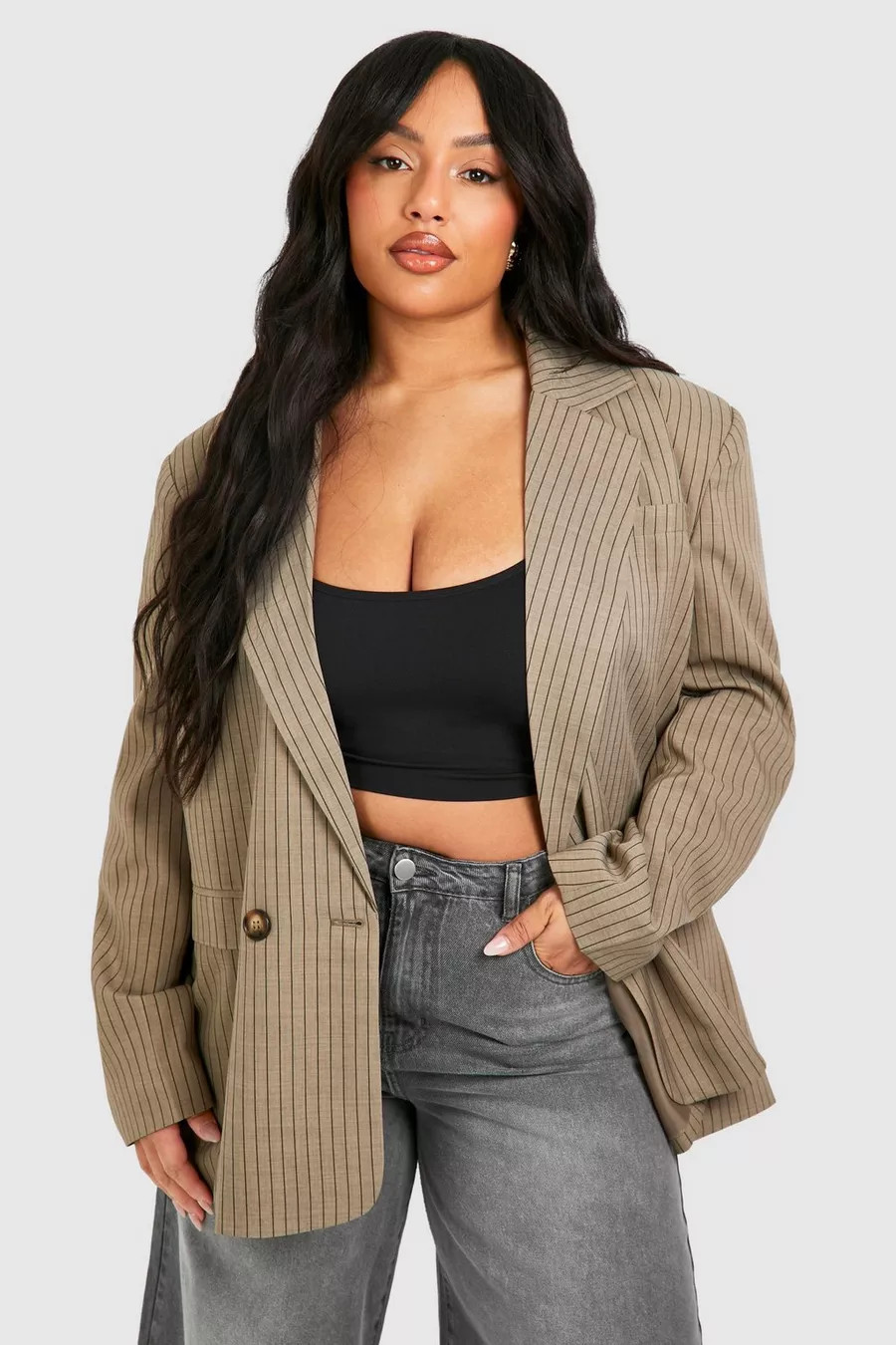 Plus Linen Look Pinstripe Double Breasted Blazer | boohoo (US & Canada)
