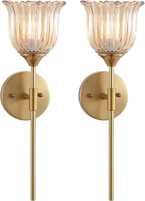 Gold Wall Sconce Set of 2 with Amber Glass Shades Modern Mid Century Bathroom Vanity Wall Light F... | Amazon (US)