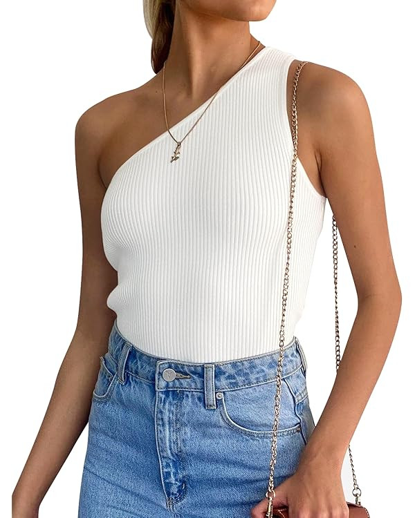ZESICA Tank Tops for Women Summer One Shoulder Sleeveless T Shirt Ribbed Knit Slim Fit Sexy Basic... | Amazon (US)