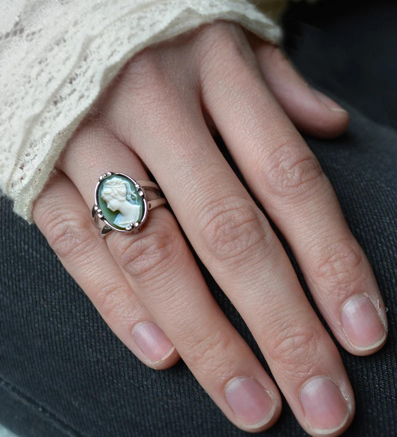 Green Cameo Ring in Sterling Silver or Gold Vermeil Dainty - Etsy | Etsy (US)