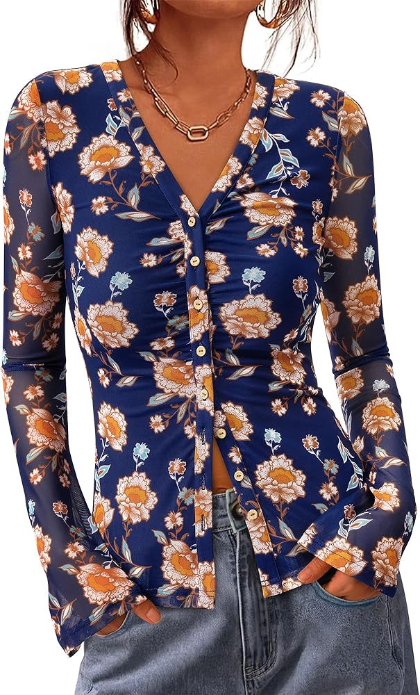 BTFBM Button Down Shirts for Women 2026 Spring Boho Tops V Neck Long Sleeve Blouses Ruched Mesh F... | Amazon (US)