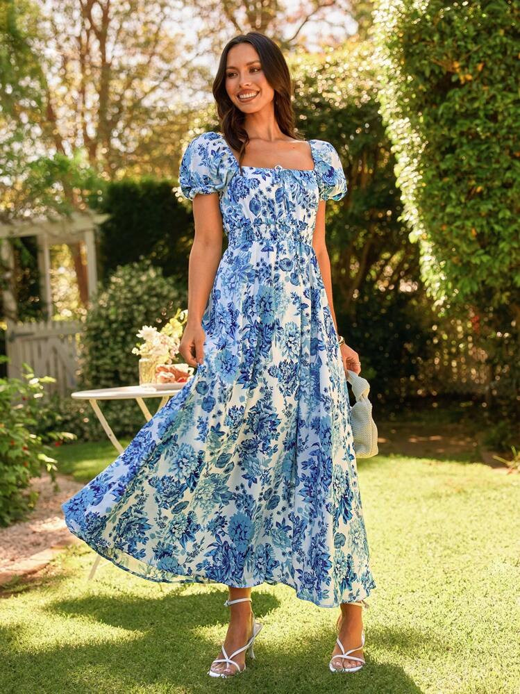 KARISMINA Elegant Floral Print Square Neck Puff Sleeve Spring Summer Dress For Women,For Summer Vacation,Women Summer Clothing,European Summer | SHEIN