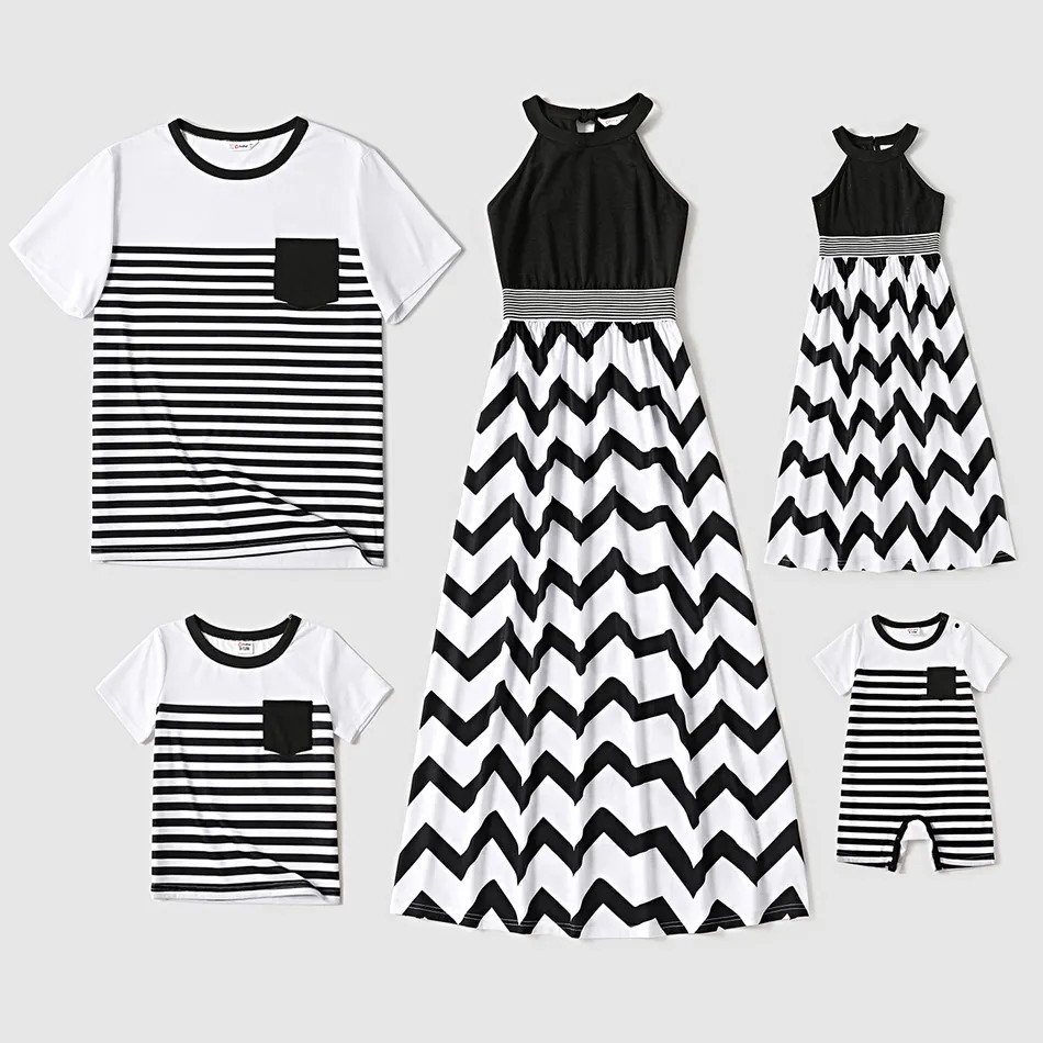 Family Matching Black Halter Neck Off Shoulder Splicing Chevron Striped Maxi Dresses and Short-sl... | PatPat