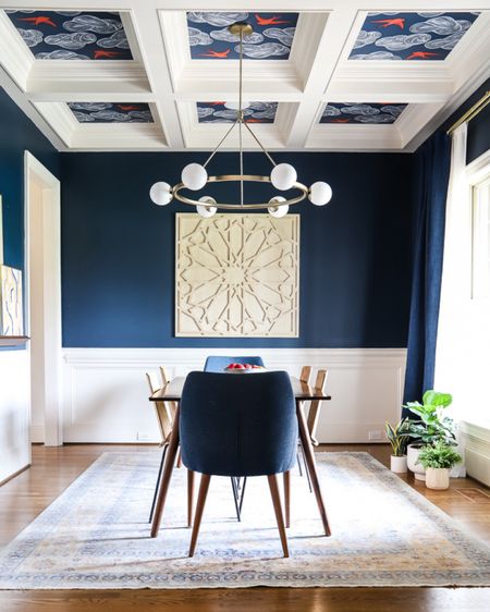 Adding wallpaper to our dining room ceiling wasn’t easy—but it was definitely worth it! #diningroom #diningroomdecor #wallpaper #wallpaperedceiling #moderndecor #chandelier #diningtable #diningchairs #homedecor #arearug

#LTKhome