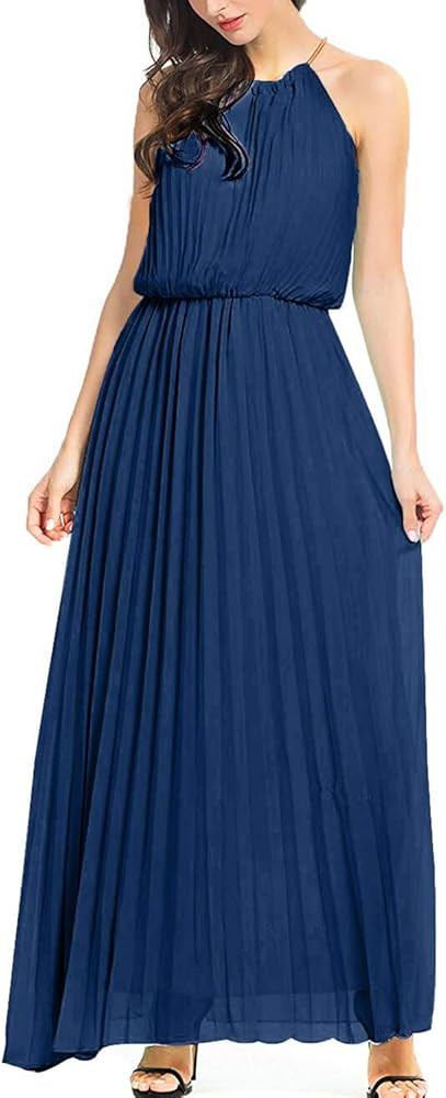 PERSUN Women's Casual Chiffon Cut Out Shoulder Pleated Maxi Dress | Amazon (US)