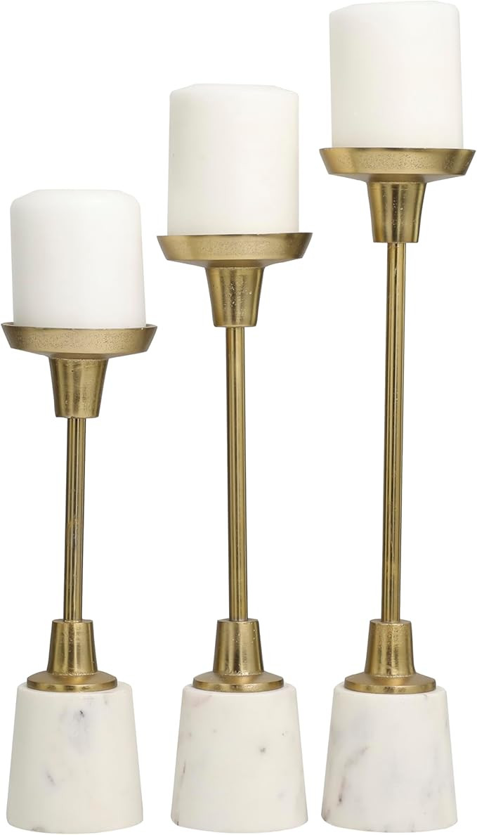 Deco 79 Aluminum Slim Candle Holder with White Marble Base, Set of 3 15, 13, 11" H, Gold | Amazon (US)