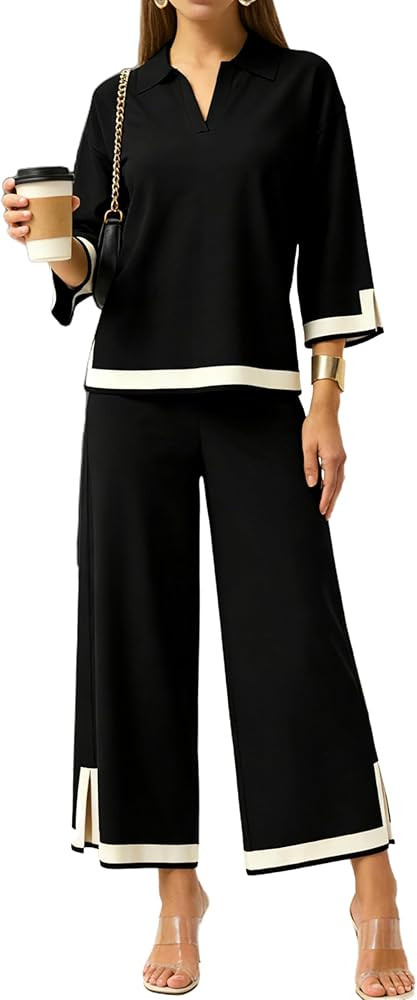 Tanming Women's 2 Piece Outfits 3/4 Sleeve Knit Sweater Top Wide Leg Pants Travel Set Tracksuits | Amazon (US)