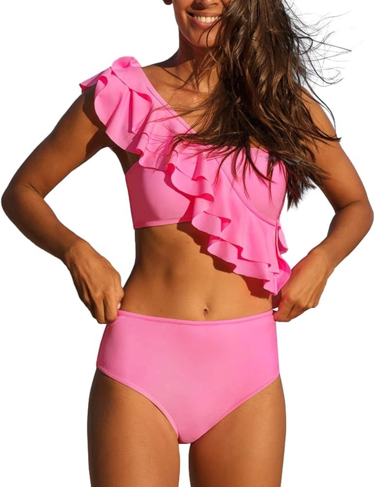 Amazon.com: Roselychic One Shoulder Swimsuits for Women Ruffle High Waisted Bikini Cute Bathing S... | Amazon (US)