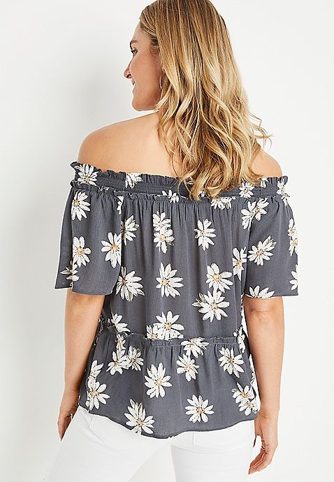 Grey Daisy Off The Shoulder Button Front Top | Maurices