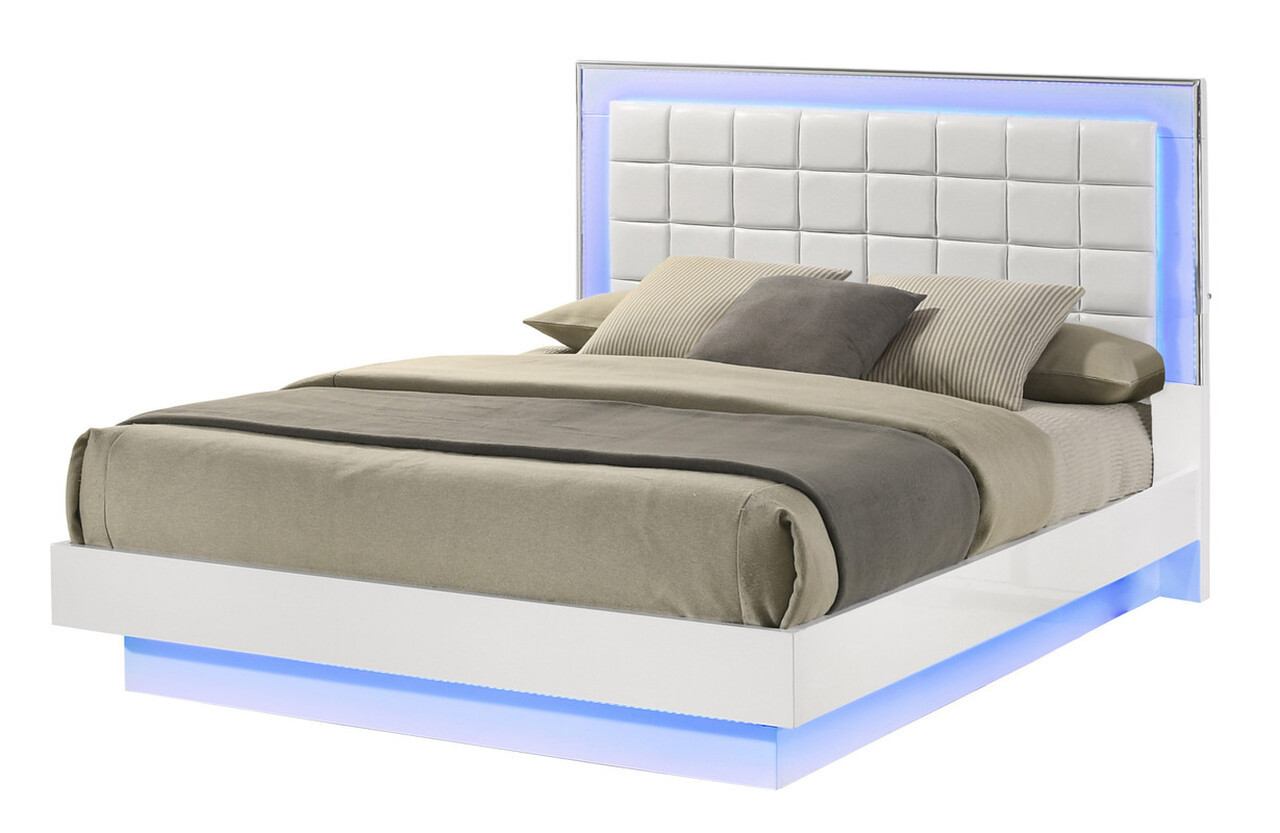 Elma Floating King Platform Bed with Blue Led Lighting In White Lacquer | 1stopbedrooms
