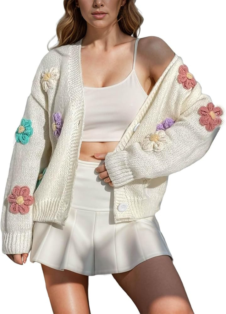 Women's Floral Sweater Cardigan Cute 3D Flower V Neck Button Down Sweater Jackets Casual Long Sle... | Amazon (CA)