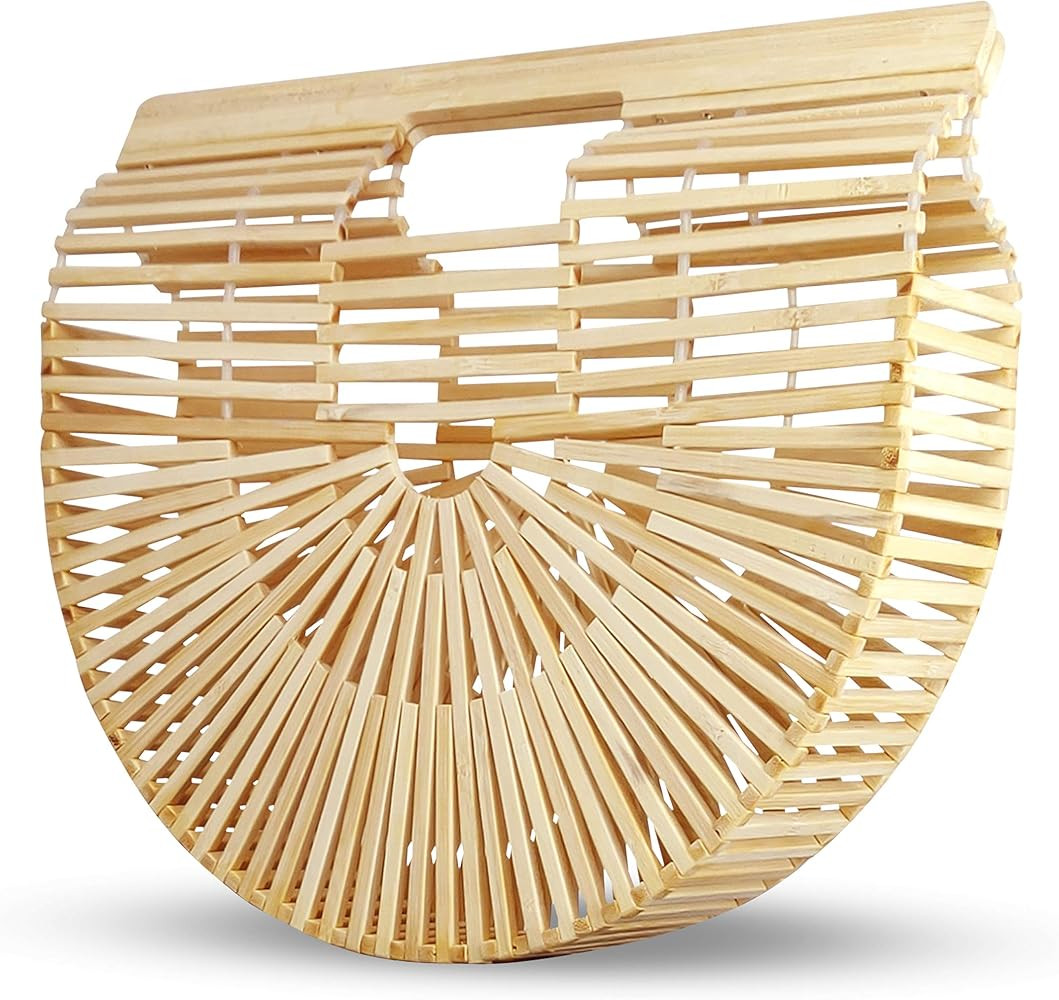 Bamboo Bag Handmade, Semi Circle Boho Basket – Straw Clutch Purse Beach Tote for Women | Amazon (US)