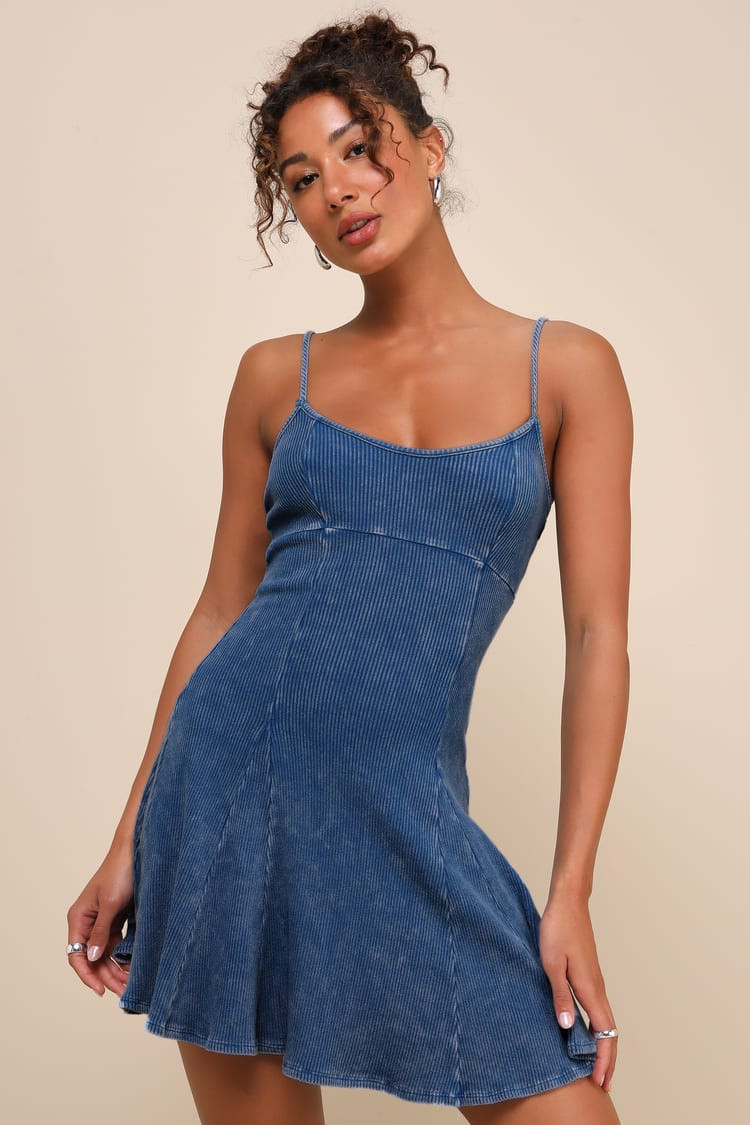 Simply Pretty Washed Blue Ribbed Pleated Sleeveless Mini Dress | Lulus