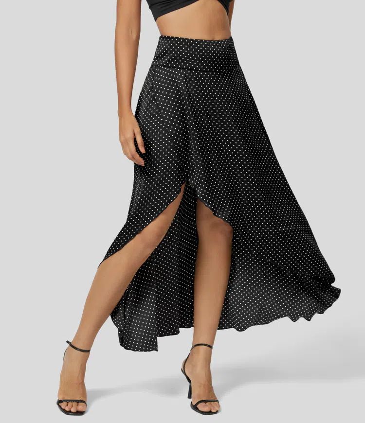Women’s Mid Rise Zipper High Low Ruffle Polka Dot Flowy Casual Regular Maxi Skirt - Halara | HALARA
