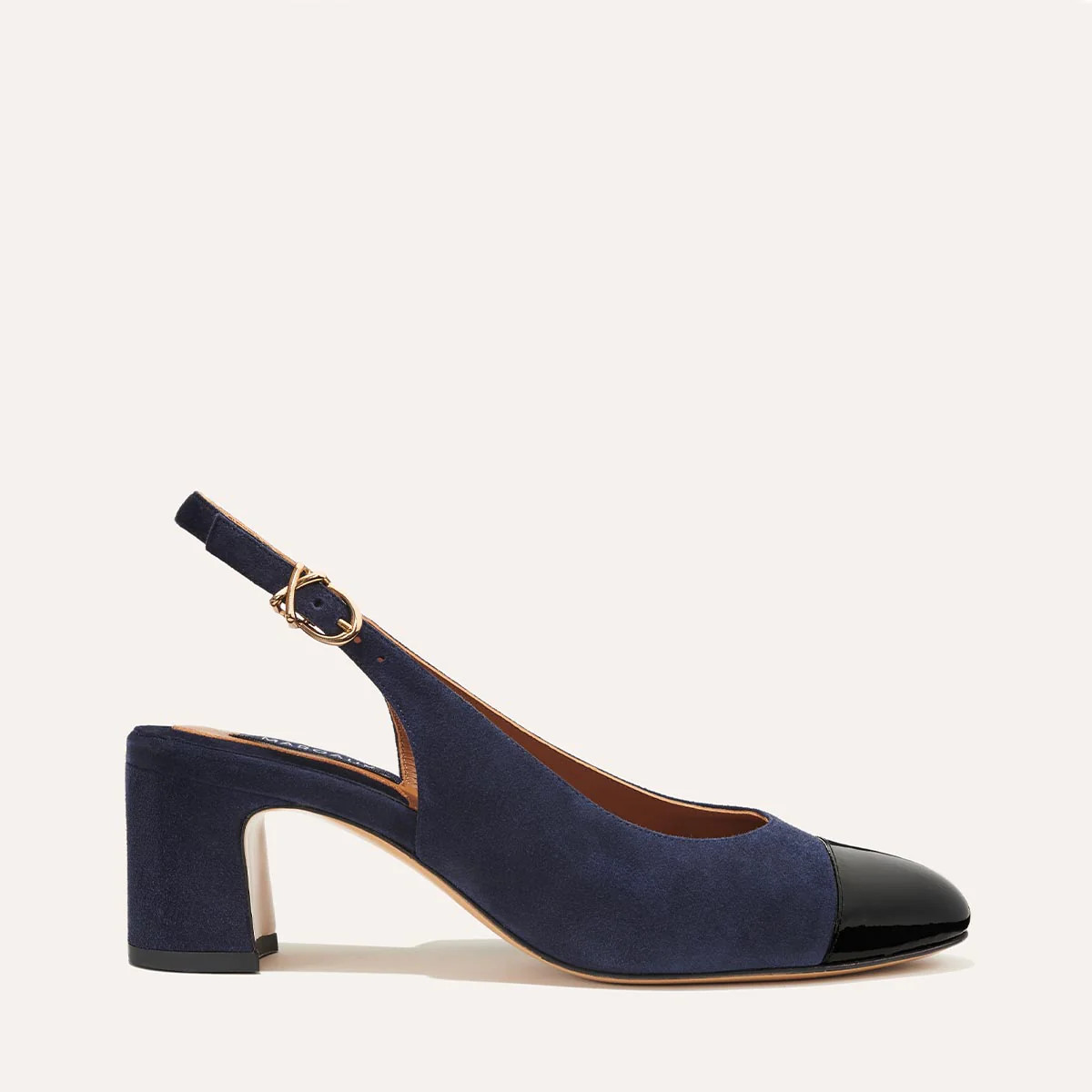 The Cluny Slingback - Navy Suede and Black Patent | Margaux