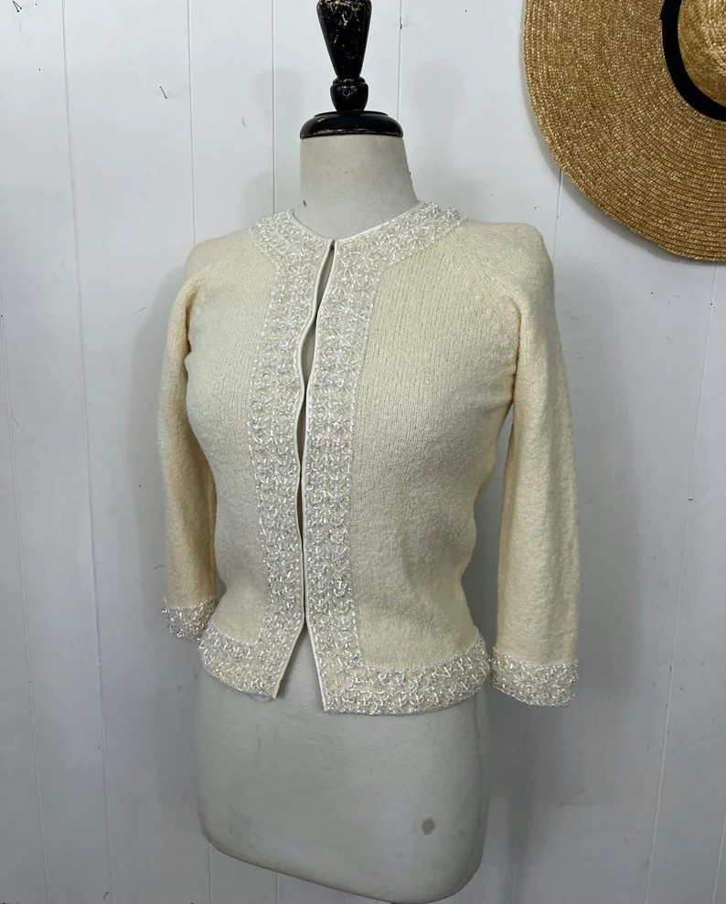 1950s cream boucle beaded cardigan | Etsy (US)