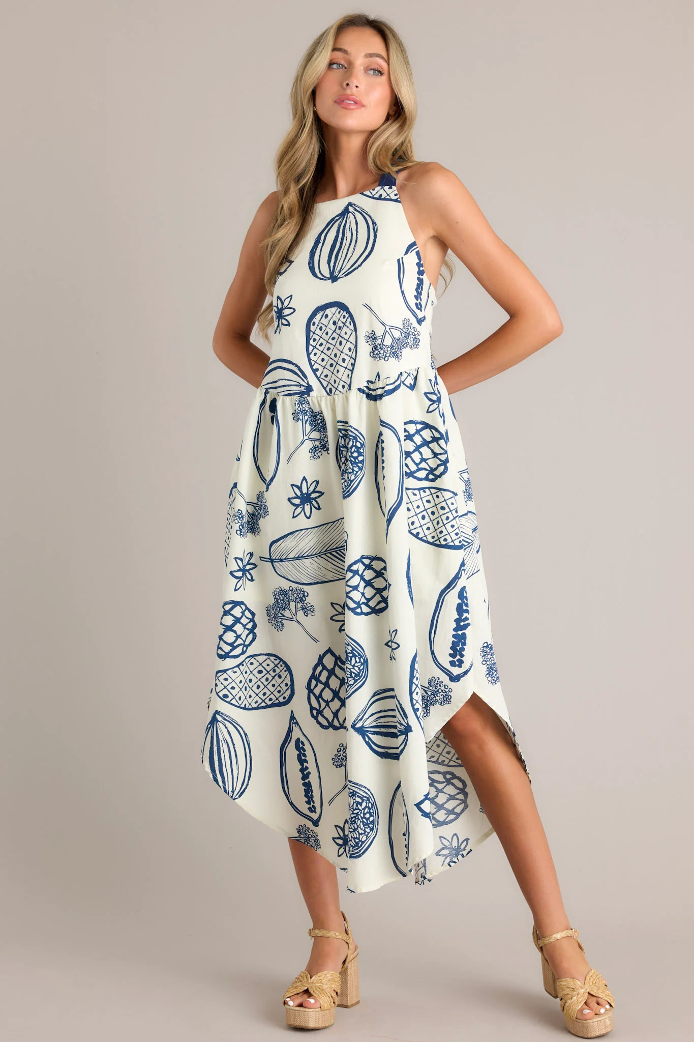Caribbean Bliss Navy Tropical Print Midi Dress | Red Dress