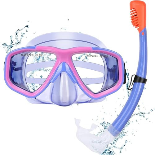 Youth Snorkel Set for Ages 7-16, Snorkeling Gear for Kids with Panoramic View Mask Anti-Fog Anti-Leak Full Dry Top Snorkel Fins Travel Bag for Swimming Diving (Violets, One Size Without Fins) | Amazon (US)