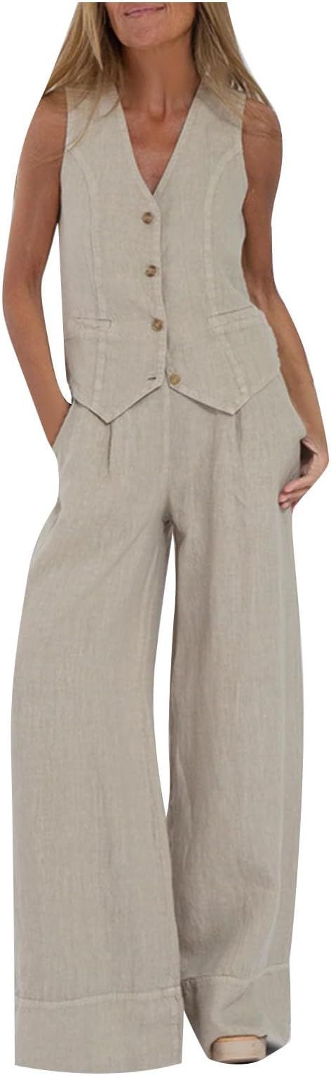 Women Blazer Set Sleeveless V Neck Vest Top Waistcoat Wide Leg Pants 2 Piece Linen Vest Suit Dres... | Amazon (US)
