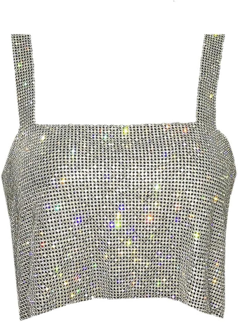 Fstrend Crystal Rhinestones Crop Top Sparkly Silver Halter Tank Top Shirts | Amazon (US)