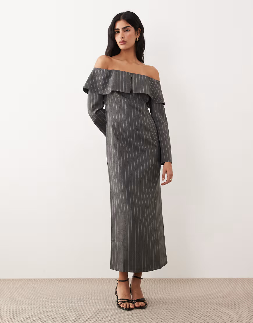 ASOS DESIGN off the shoulder pencil midi dress in grey pinstripe | ASOS (Global)
