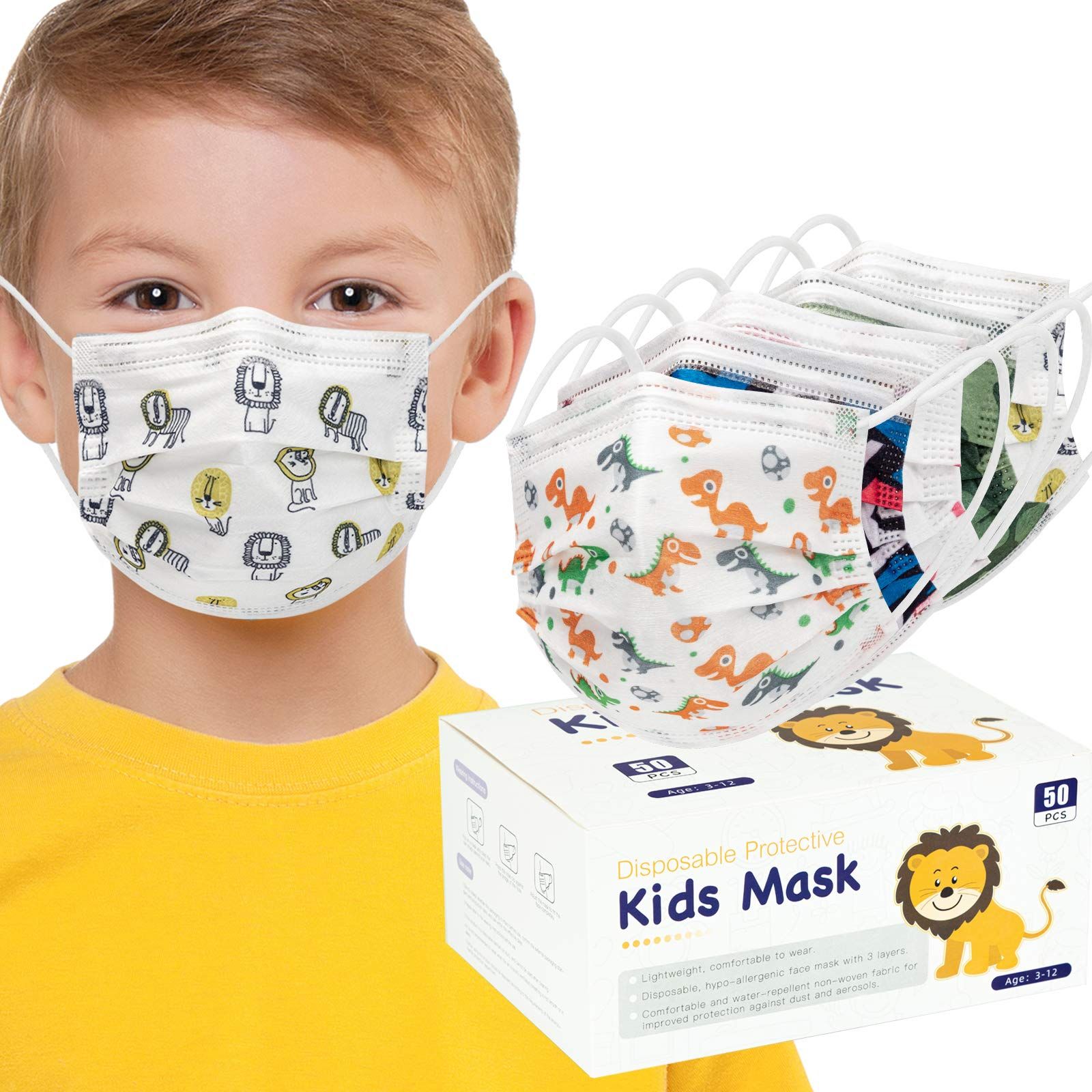 50PCS Kids Disposable Face Macks with Pattern, 3 Layers Breathable & Adjustable Safety Mack Anti Dus | Amazon (US)