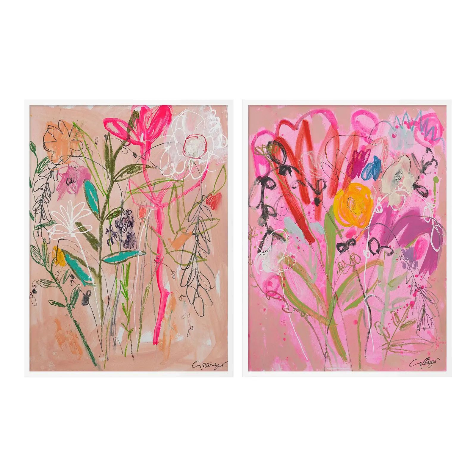 Wildflower Bouquet Diptych by Lesley Grainger in White Frame, Small Art Print | Chairish