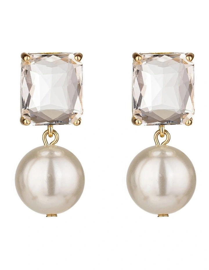 Emerald Cut Stone With Pearl Drop Earrings In Gold | Myer