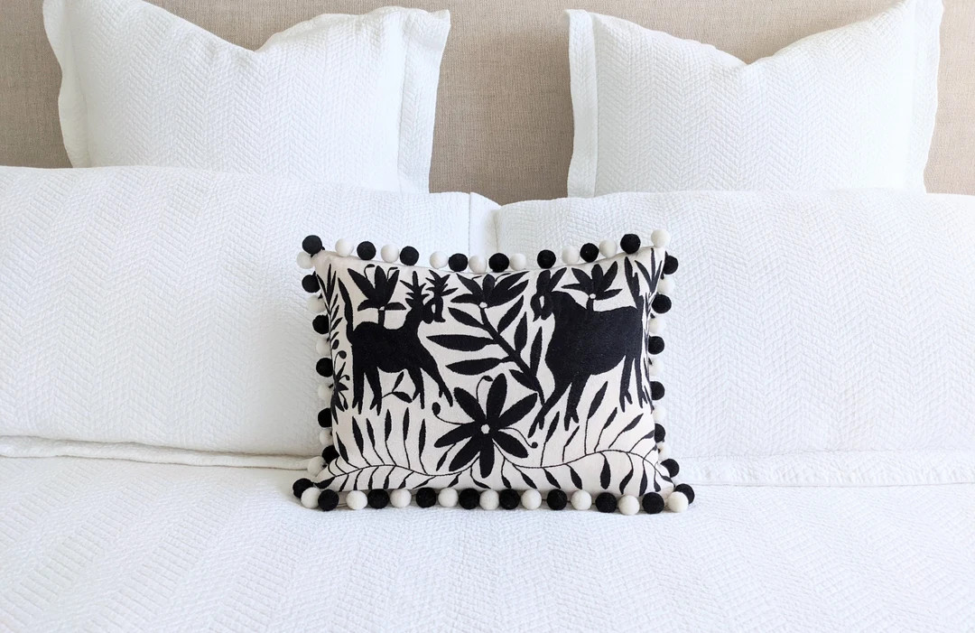 In Stock: 1 Otomi Throw Pillow Cover Hand Embroidery Pom Pom Decorative Mexican Fabric in Black -... | Etsy (US)