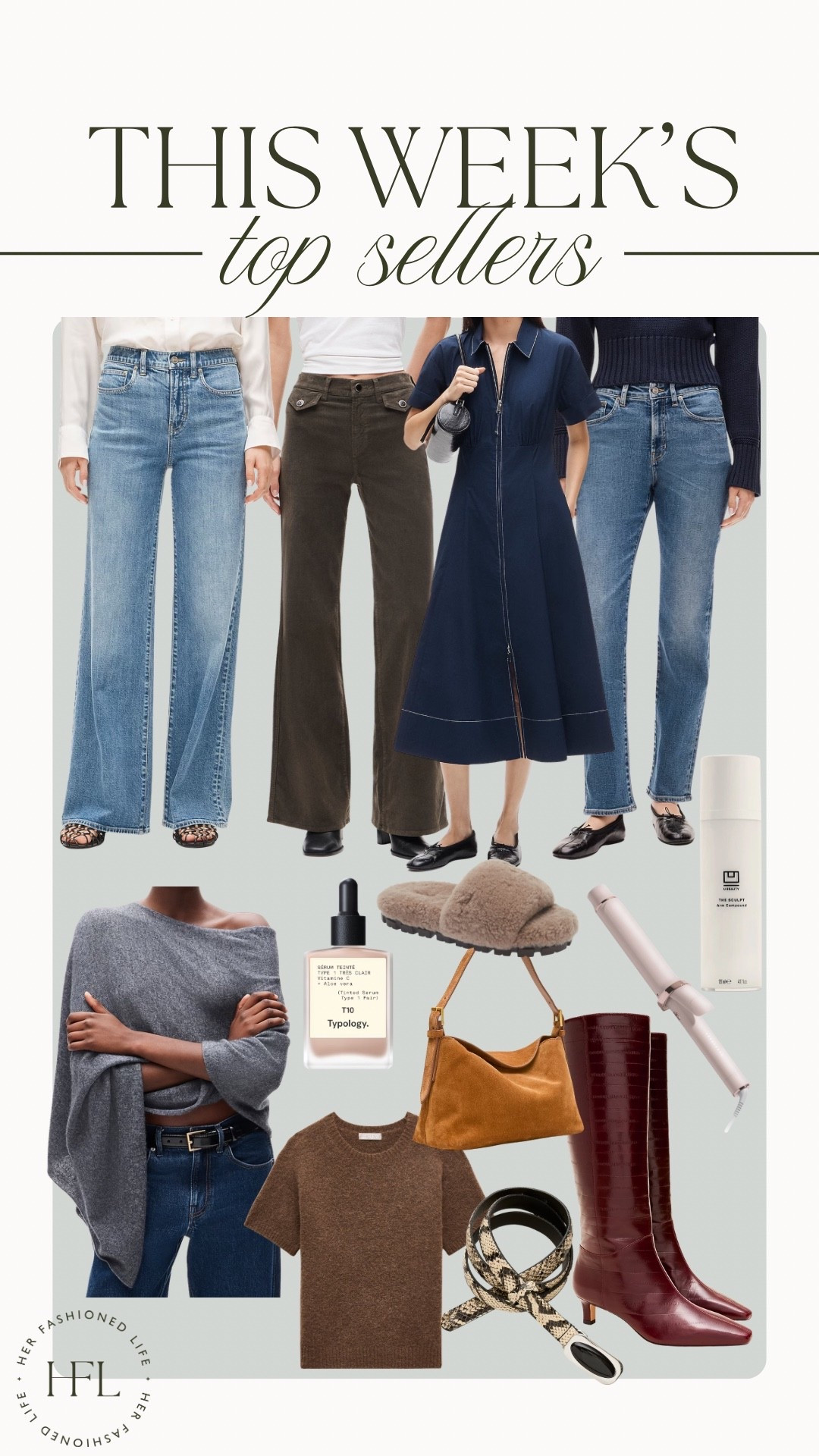 This week’s top sellers! J. Crew is 30% off right now. -UBeauty discount code: TAMMYC20  -denim trouser jean -suede shoulder bag -knee high boots -sweater tee -wide leg trouser -shirt dress -poncho -snakeskin belt -shearling slippers -skin tint -curling iron