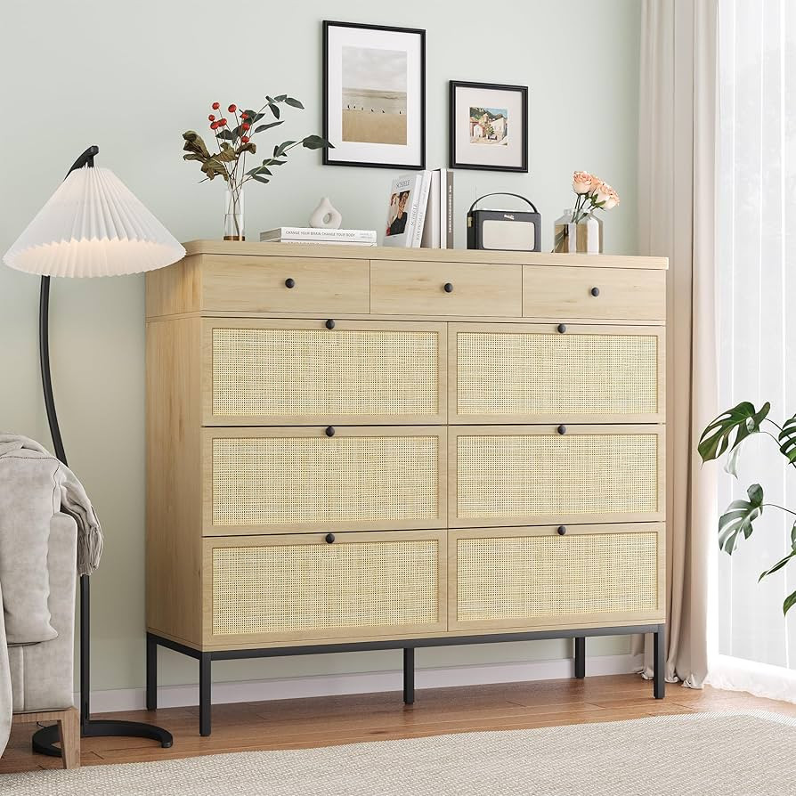 Modern Long 9 Drawers Dresser for Bedroom with Natural Rattan Drawers, Wooden Tall Dresser Chest ... | Amazon (US)