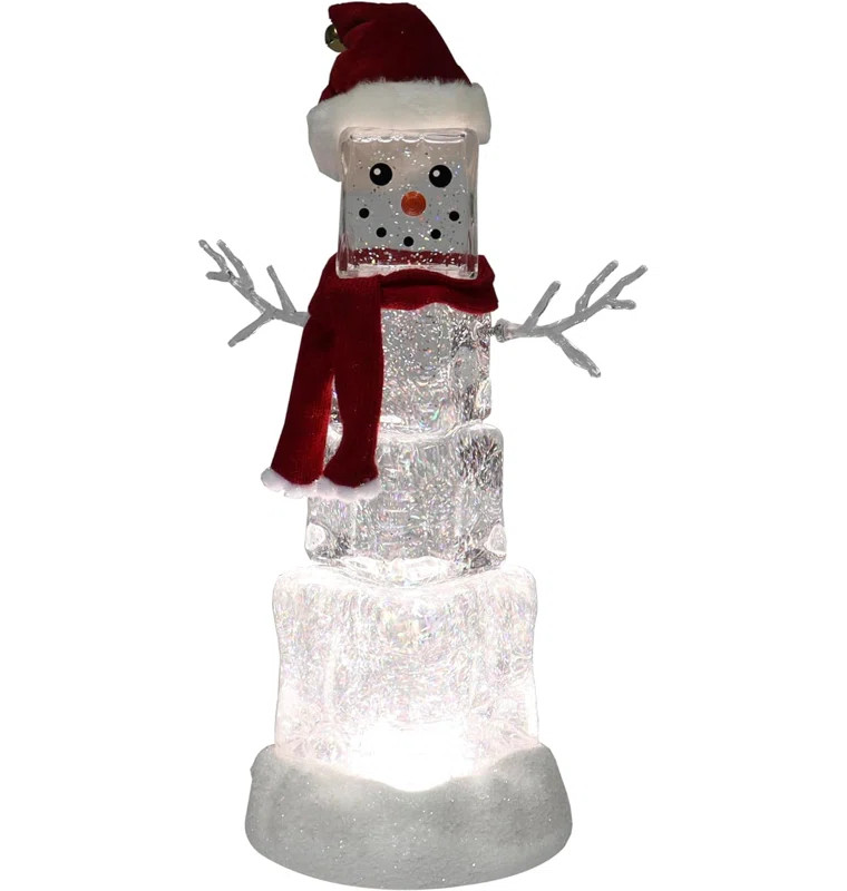 13.5“H Acrylic Ice Cube Snowman - LED Lights, Water Spinning Glitter, Battery Christmas Décor | Wayfair North America