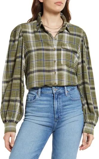 Plaid Puff Shoulder Button-Up Top | Nordstrom