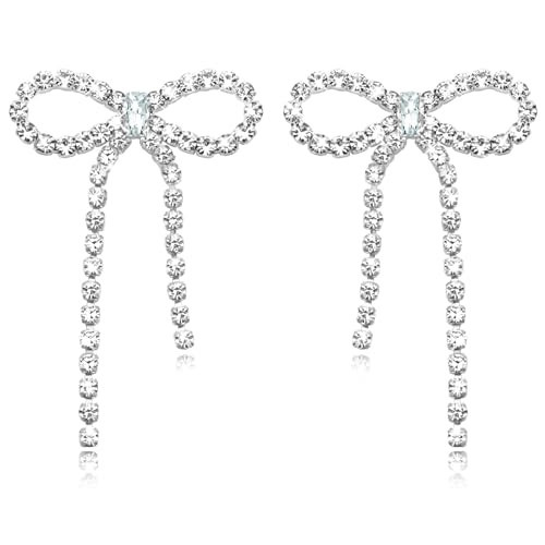 Nanafast Bow Rhinestone Earrings Long Dangle Drop Chandelier Tassel Bow Earrings for Women Wedding Bridal Earrings Party Prom Earrings-Silver 2.16" | Amazon (US)