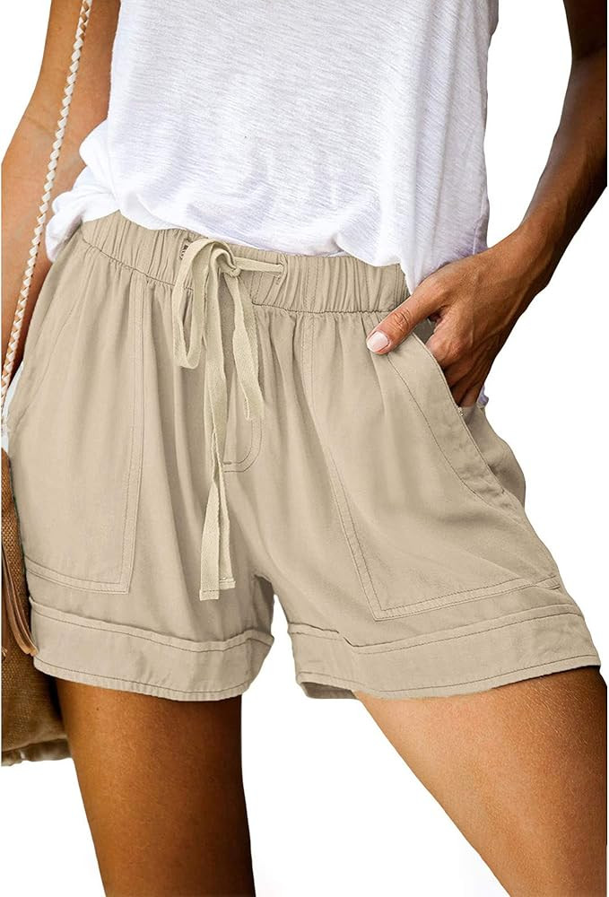 BTFBM Women Casual Shorts Plain Solid Color Elastic Waist Drawstring Pockets Lightweight Summer B... | Amazon (US)