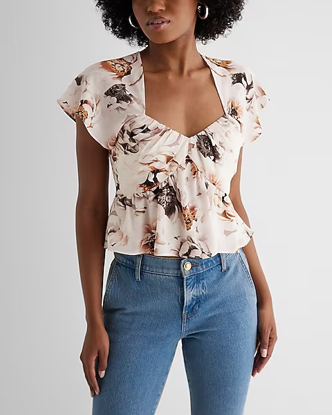 Floral Sweetheart Neckline Peplum Flutter Sleeve Top | Express