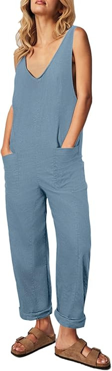 Glamaker Women's Casual Linen Summer Jumpsuit Overalls Loose Adjustable Strap Baggy One Piece Out... | Amazon (US)