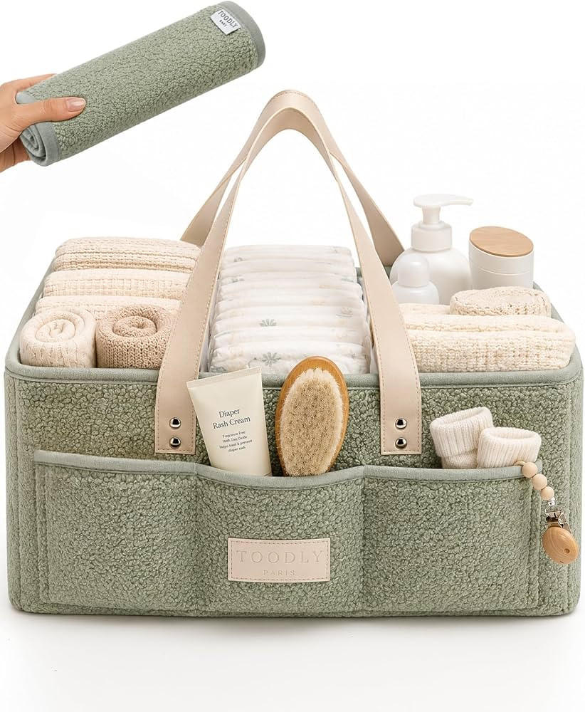 Baby Diaper Caddy Organizer with Portable Changing Mat - Teddy Fleece Diaper Organizer for Changi... | Amazon (US)